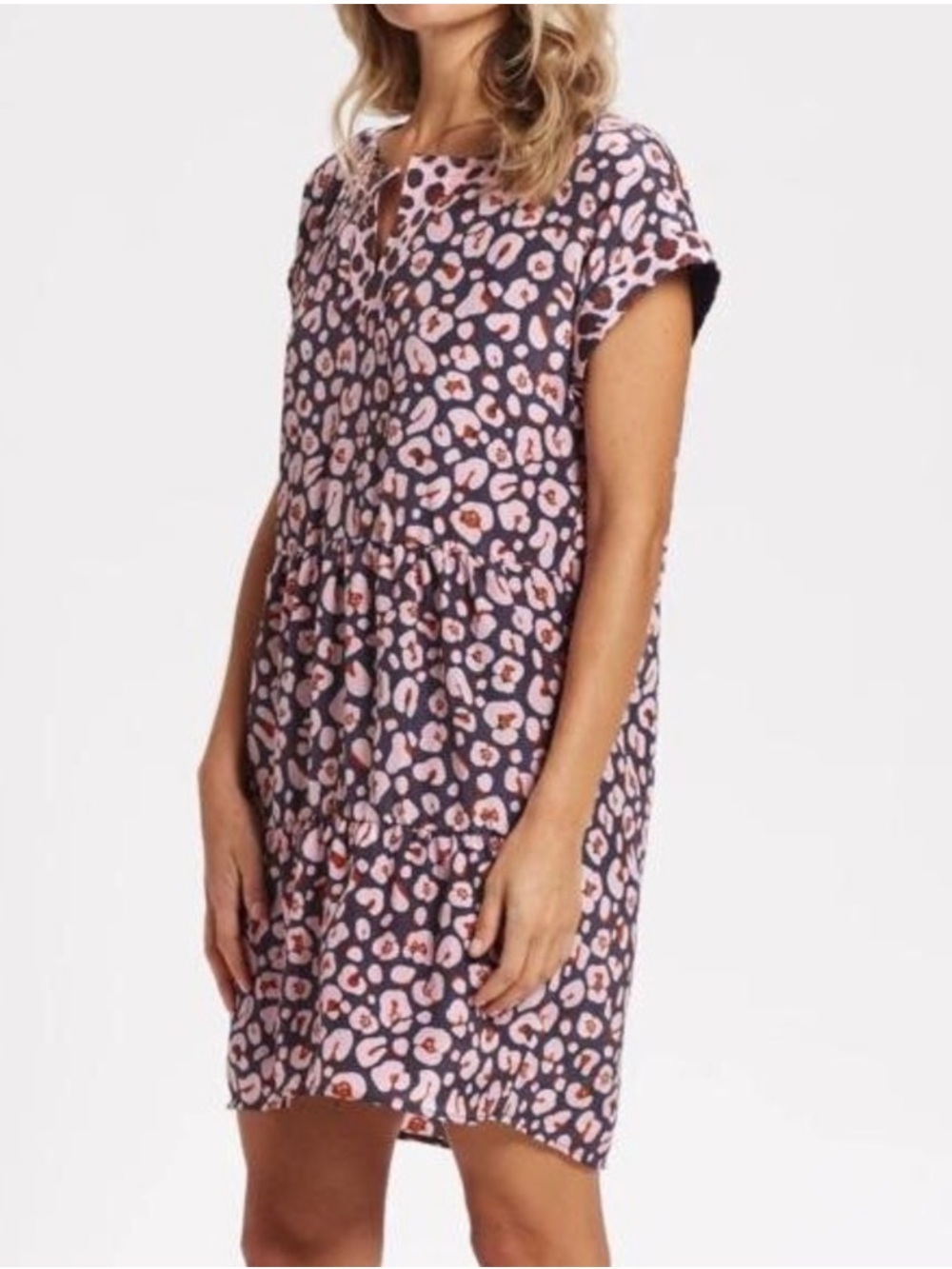 Marie Oliver Tori 100% Silk Mini Dress Small Animal Print Navy Pink V Neck